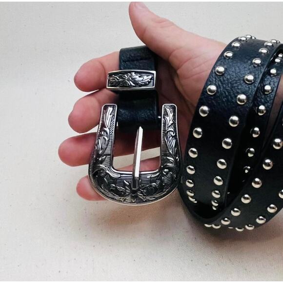 2000s Western Black Silver Studded Belt – Vintage Style, Unisex, Brand New - Picture 8 of 8